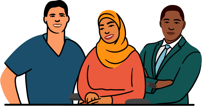 An illustration of three people standing, smiliing and facing forward -- on the left is a person in a blue shirt, in the middle is a woman wearing a hijab, and on the right is a person in a suit and tie.