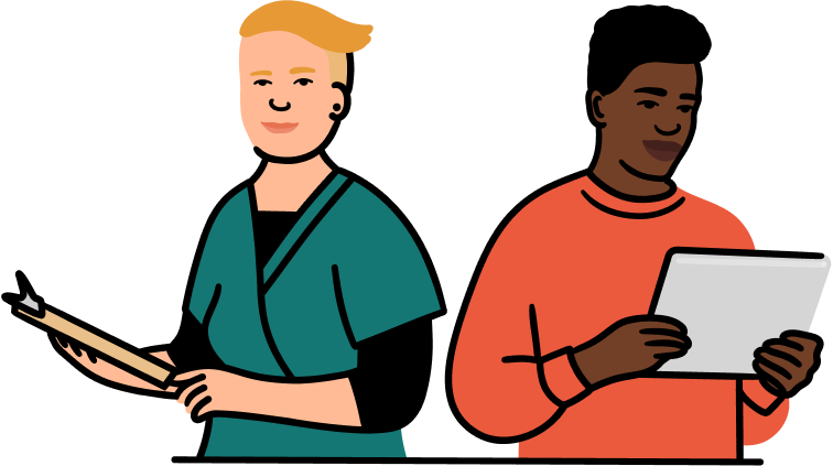 An illustration of two people standing -- a dentist on the left who has light skin and short hair and holds a clipboard, and a patient on the right who has dark skin and a red sweater and is looking at a table they are holding