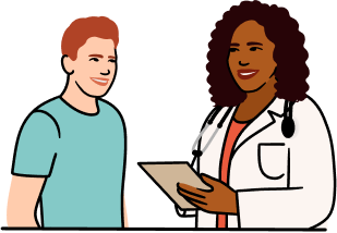 An illustration of two people -- one the left is a patient in a blue shirt talking to a clinician, on the right, who is wearing a white lab coat and holding a clipboard