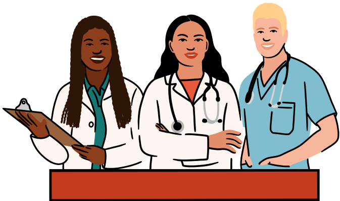 An illustration of three clinicians standing, smiling, and facing forward. The clinician on the left has long heair and wears a lab coat and holds a clipboard, the clinician in the middle wears a lab coat and a stethoscope, and the clinician on the right wears blue scrubs and a stethoscope.