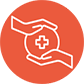 Icono de dos manos que sostienen una pelota con una cruz médica sobre un fondo de círculo rojo.