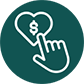 An icon of a hand pointing a finger at a heart with a dollar sign on a green circle background.