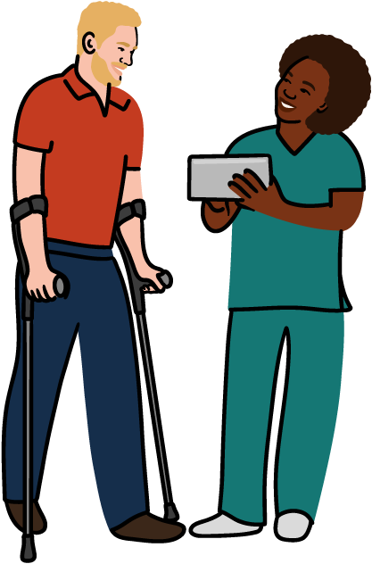 An illustration of two people standing and facing each other -- on the left is a person in a red shirt using mobility aids, and on the right is a clinician in green scrubs holding a piece of paper.