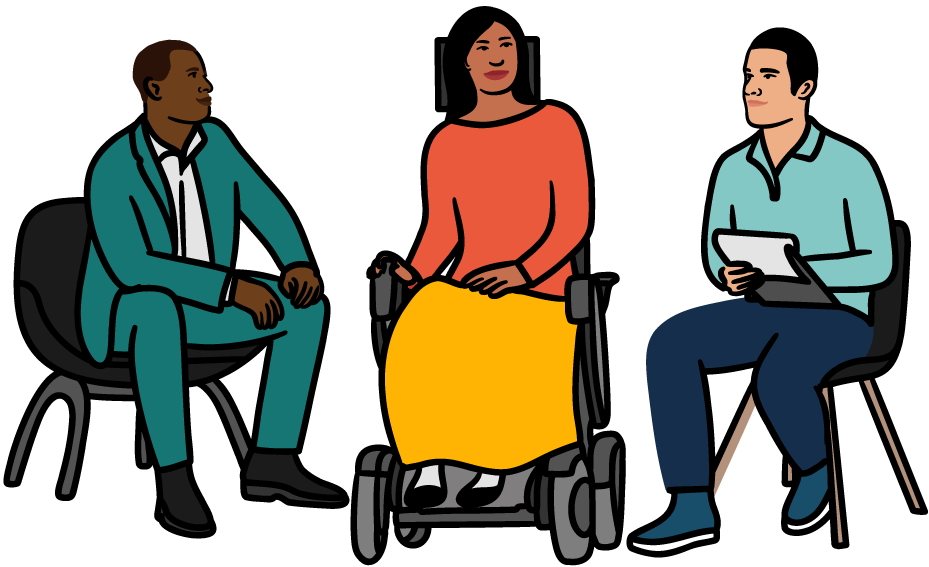 An illustration of three people sitting and facing each other -- on the left is a person wearing a suit and sitting in a chair, in the middle is a person with a red sweater who uses a wheelchair, and on the right is a person wearing a blue shirt sitting in a chair.
