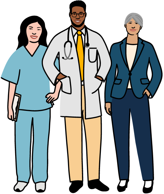 An illustration of three people standing, smiliing and facing forward -- on the left is a clinician in a blue scrubs holding a clipboard, in the middle is a clinician in a white lab coat, and on the right is a person in a suit.