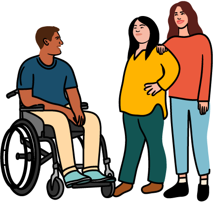 An illustration of three people smiliing and facing each other -- on the left is a person in a blue shirt using a wheelchair, in the middle is a person with a yellow sweater, and on the right is a person in an orange sweater.
