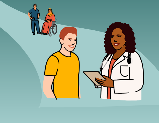 An illustration of a clinician in a lab coat talking to a patient in a yellow shirt. There is a woman in a hijab using a wheelchair in the background, speaking to a clinician wearing scrubs.