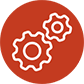 An icon of two white interlocking gears on a red circle background.