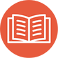 Một biểu tượng của một cuốn sách mở màu trắng trên nền vòng tròn màu đỏ. 