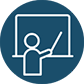 An icon of a white outline of a person standing at a blackboard on a blue circle background.