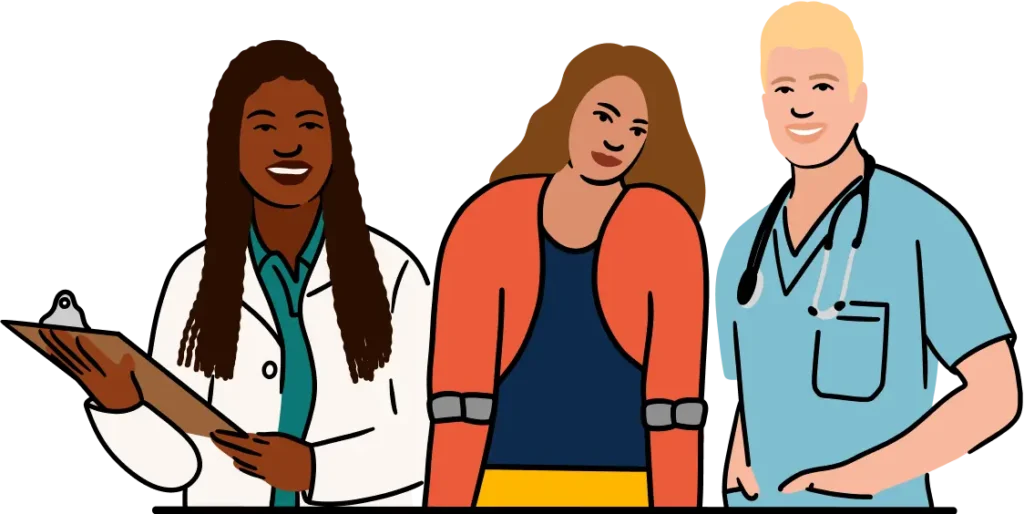 An illustration of three people standing, smiling and facing forward -- on the left is a clinician in a white lab coat holding a clipboard, in the middle is a person with a red sweater who uses mobility aids, and on the right is a clinician in scrubs with a stethoscope