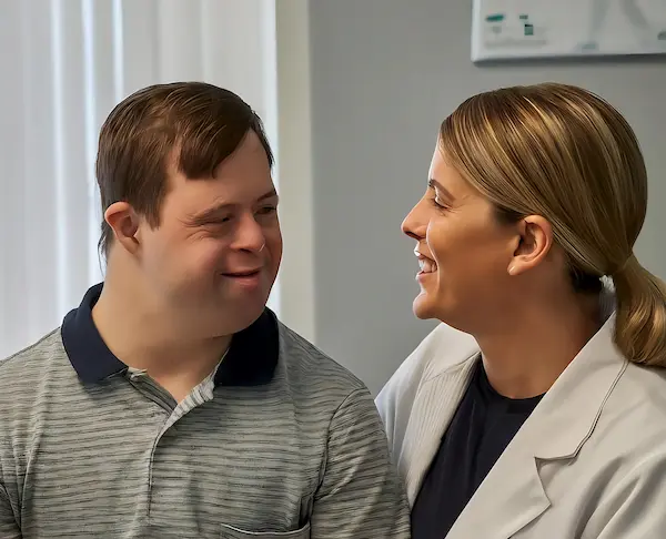 Mujer médico con bata blanca sonriendo a su paciente vestido con un polo.