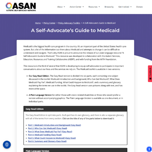 Screenshot of ASAN website on a guide for Medicaid in plain language.
