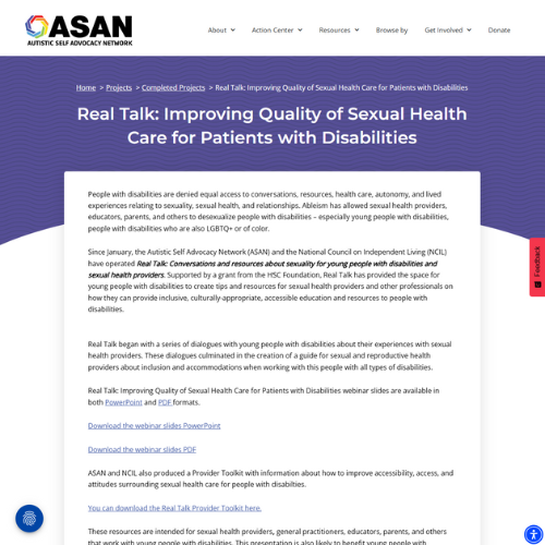 Screenshot of ASAN website for "Real Talk" for sexual health conversations for people with disabilities.