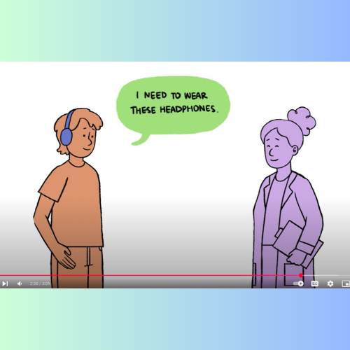 Screenshot of YouTube video on "Understanding Accommodations: Disability Accommodations in Healthcare." Image shows a young man telling a doctor "I need to wear these headphones."