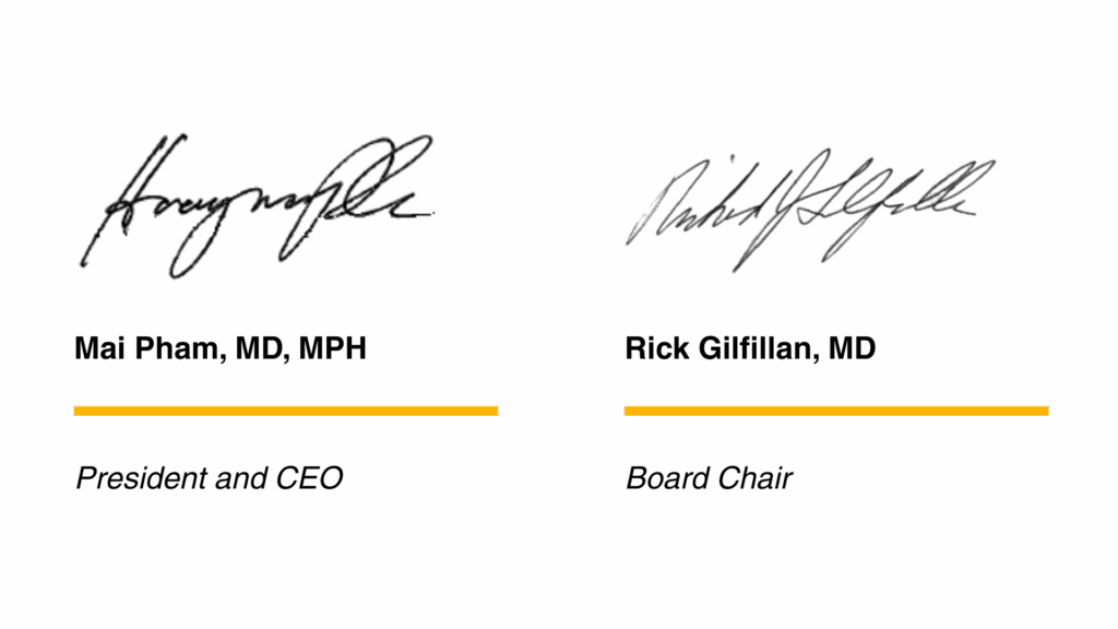 Signatures of Mai Pham, MD, MPH (President and CEO of IEC) and Rick Gilfillan, MD (Board Chair of IEC)